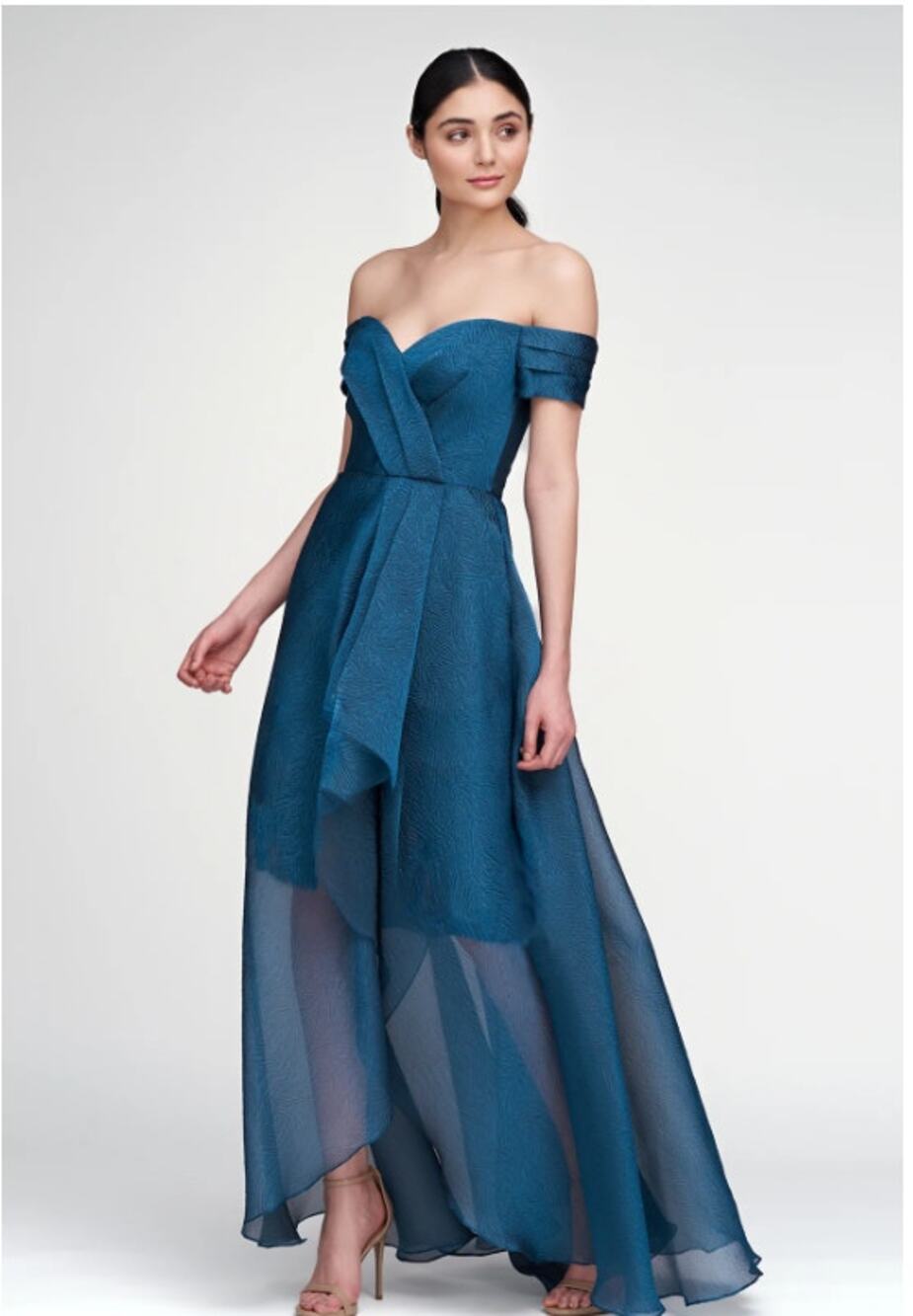 Theia Cecelia High Low Off Shoulder Night Swim Blue Jacquard Gown 8 NEW $745